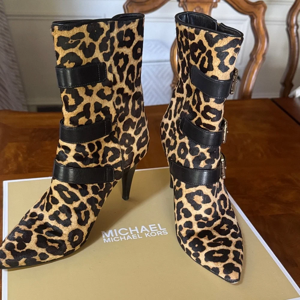 Michael Kors Leather Black and Brown Leopard Heeled Boots